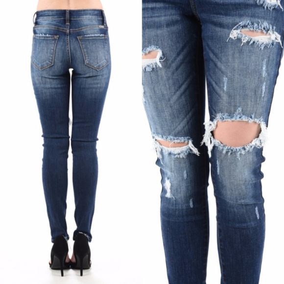 Dark Wash Distressed Skinny Jeans - Picture 2 of 3